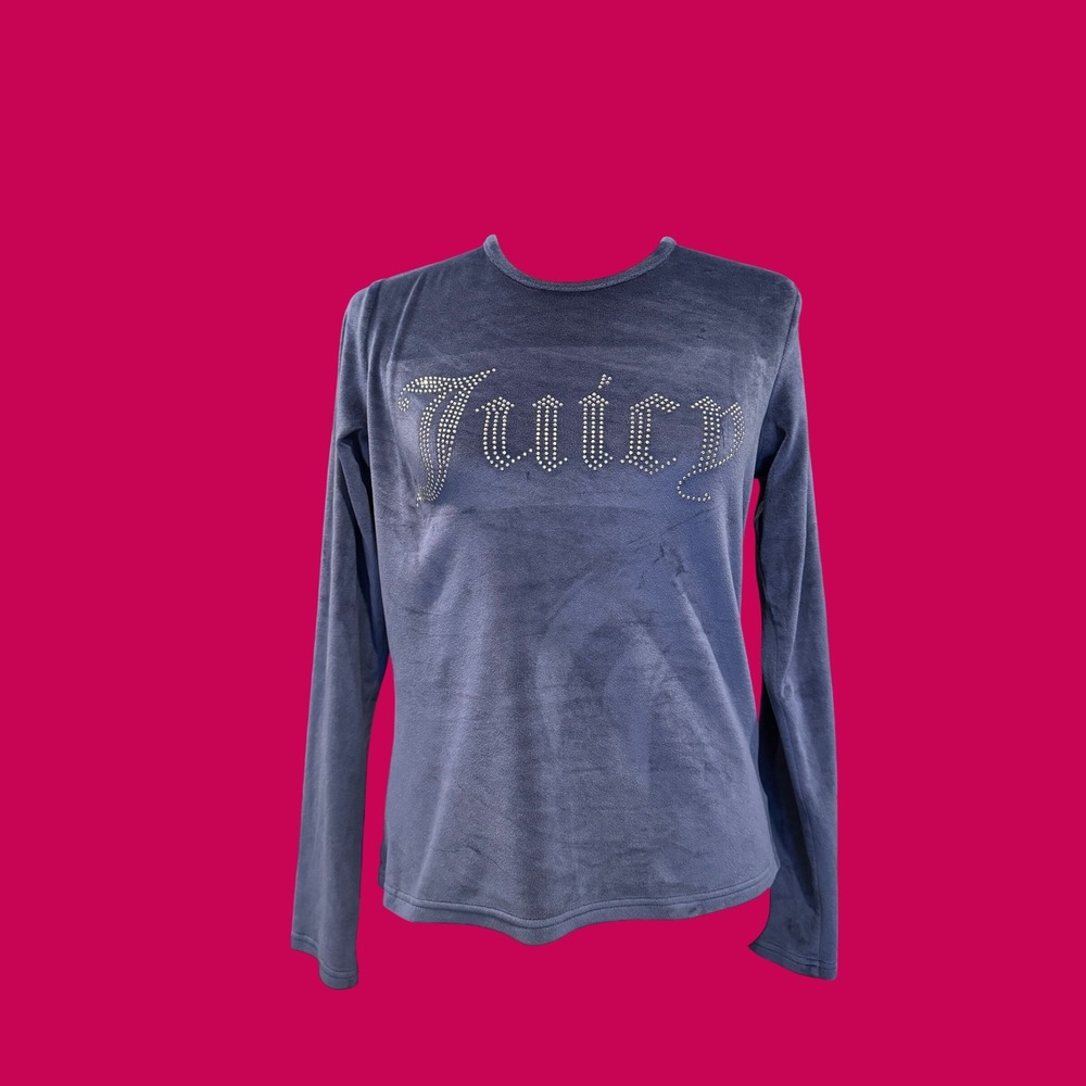 Juicy Couture Velour Top Womens L Blue Excellent Rhinestone Y2K Sleepwear